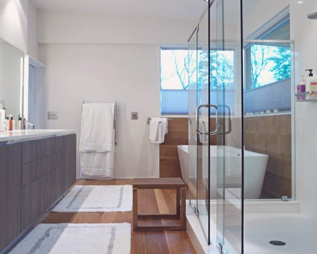 bathroom with rift and quartered white oak hardwood floor in atlanta modern home oak and broad - 140 Beautiful Bathroom remodel Ideas & Pictures - HandyMan.Guide - Bathroom Ideas