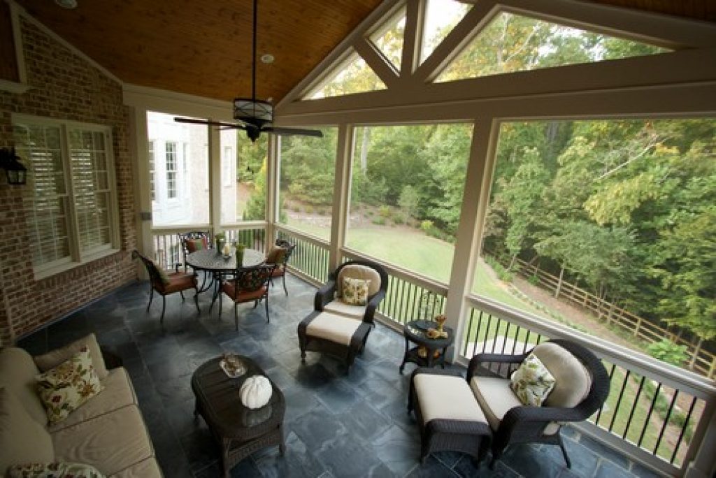 gable screen porch with tile floor and spiral staircase decksouth - 152 Great Screened-In Porch Ideas & Pictures - HandyMan.Guide - Screened-In Porch