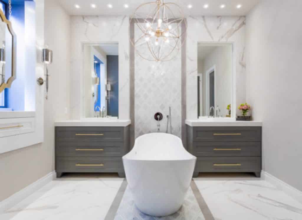 master bathroom renovation gold gray and cobalt spring valley houston tx sweetlake interior design llc - 152 Master Bathroom Ideas & Pictures to Transform Your Space - HandyMan.Guide - Master Bathroom Ideas