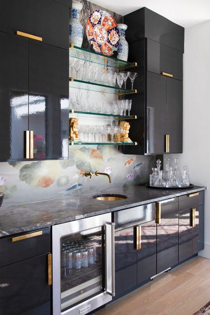 home bar with koi wallpaper backsplash and black high gloss cabinets paper moon painting - 152 Wet Bar Ideas for Inspiration to Transform Your Space - HandyMan.Guide - Wet Bar Ideas